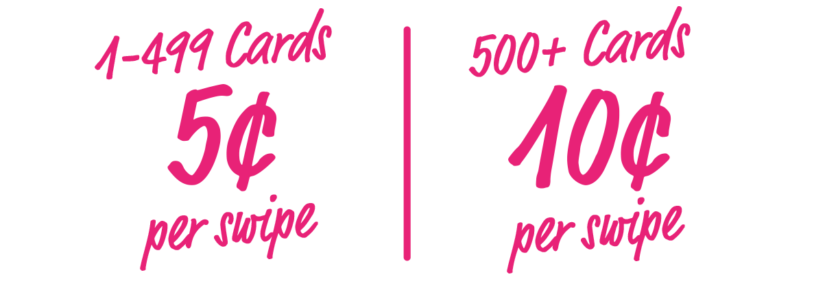 1-499 Cards 5 cents per swipe & 500+ cards 10 cents per swipe